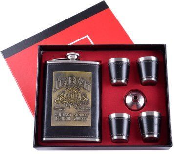 Подарочный набор 6в1 фляга с набойкой 'Jim Beam' (обтянута кожей), 4 рюмки, лейка TZ-5 TZ-5 фото