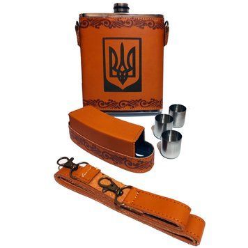 Подарочный набор "Фляга с гербом Украины" в кожаном чехле (18oz / ~530 мл) D630 D630 фото