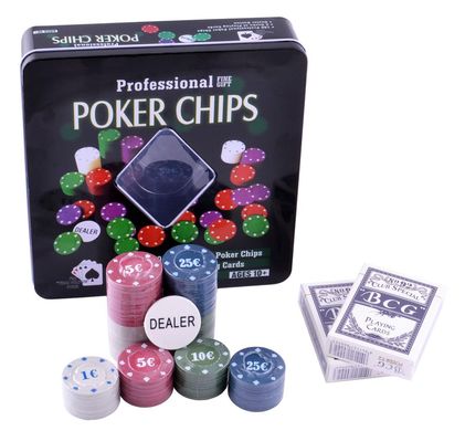 Покерный набор на 100 фишек с номиналом в металлической коробке №100T-2 100T-2 фото
