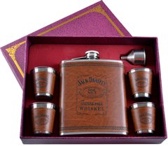 Подарунковий набір 6в1 фляга (обтягнута шкірою), 4 чарки, лійка 'Jack Daniels' TZ-7 Темний TZ-7 Темный фото