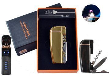 Електроімпульсна USB Запальничка дві блискавки ⚡️⚡️, індикатор заряду, ніж, штопор, HL-221 Gold HL-221-Gold фото