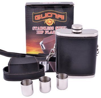 Фляга из пищевой нержавеющей стали обтянута кожей (256мл/ 9oz.) + рюмки BZ-9 Черная BZ-9-чорна фото