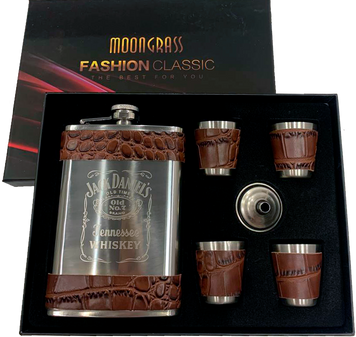 Подарочный набор 6в1 фляга (обтянута кожей), 4 рюмки, лейка "Jack Daniels" DJH-1499-1 DJH-1499-1 фото