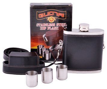 Фляга из нержавеющей стали обтянутая кожей + 3 стопки BZ-8 Black BZ-8 Black фото