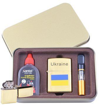 Запальничка бензинова в подарунковій коробці (Балончик бензину / Мундштук) Прапор України XT-4930-2 4930-2 фото