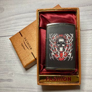 Зажигалка подарочная Череп стальной (обтянута кожей, турбо пламя 🔥) FASHION D41-3 D41-3 фото