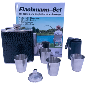 Подарунковий набір Flachmann-Set: фляга 7 oz (210 мл) в плетеному шкіряному оздобленні, 4 чарки та лійка QK5-5 QK5-5 фото