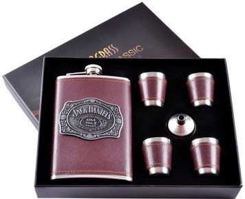 Подарочный набор 6в1 фляга с набойкой (обтянута кожей), 4 рюмки, лейка "Jack Daniels" DJH-1089 DJH-1089 фото