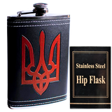 Подарункова кишенькова фляга UKR-14 (9 oz / 265 мл) у шкіряному оздобленні з Гербом України UKR-14  фото