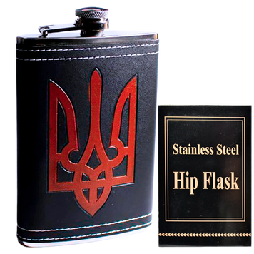 Подарункова кишенькова фляга UKR-14 (9 oz / 265 мл) у шкіряному оздобленні з Гербом України UKR-14  фото