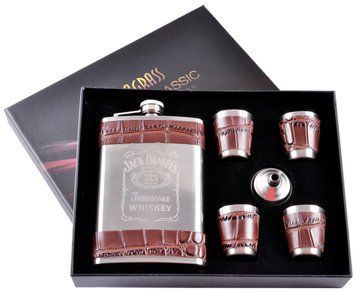 Подарочный набор 6в1 фляга (обтянута кожей), 4 рюмки, лейка "Jack Daniels" DJH-1499 DJH-1499 фото
