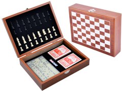 Ігровий набір шахи/доміно/карти (2 колоди)/кістки, дерев'яна коробка №2516D 2516D фото
