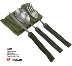 Туристичний набір Traveler 3в1 похідний ніж, виделка, ложка 11,3см (120шт/ящ) K603 K6033 фото