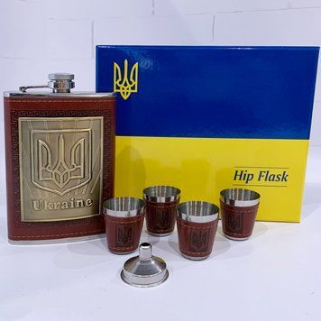 Подарочный набор Ukraine фляга / лейка / 4 рюмки (Кожа) TZ-12A коричневый TZ-12A коричневий фото