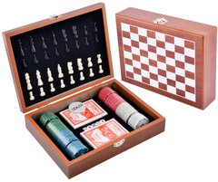 Ігровий набір шахи/покерні фішки/карти (2 колоди) / кістки, дерев'яна коробка №2518A №2518A фото