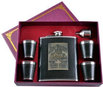 Подарочный набор 6в1 фляга с набойкой (обтянута кожей), 4 рюмки, лейка "Jim Beam" TZ-8 TZ-8 фото