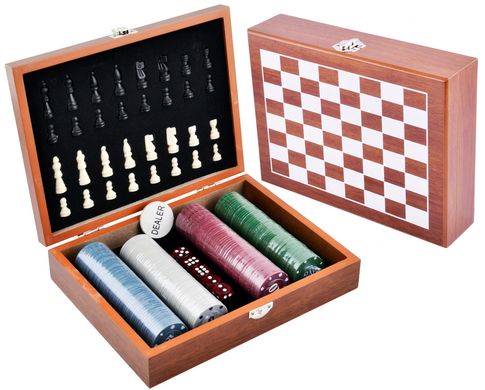 Ігровий набір шахи/покерні фішки/кістки, дерев'яна коробка №2518C №2518C фото